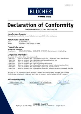 Declaration of Conformity - Roof drains and floor drains, industrial drains and channels for inside installations in accordance with EN 1253